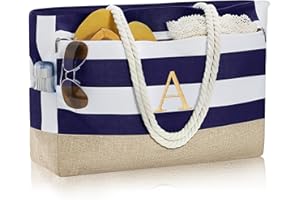YOOLIFE Christmas Gifts for Women - Large Initial Beach Bag Tote Personalized Gifts for Women Mom Teacher Girlfriend Wife