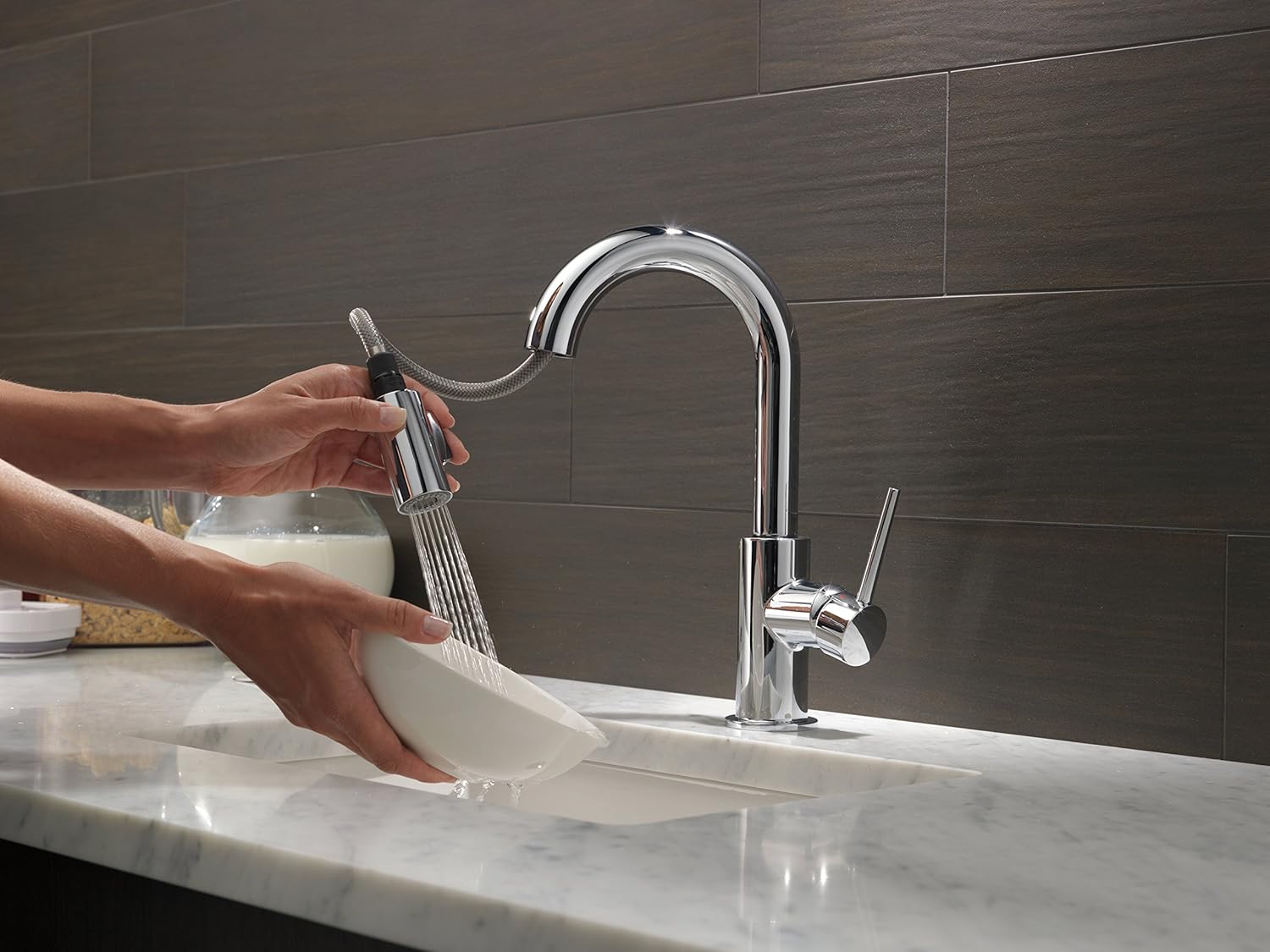 Delta Faucet Trinsic Single-Handle Bar-Prep Kitchen Sink Faucet with Pull Down Sprayer and Magnetic Docking Spray Head, Chrome 9959-DST - Touch On Kitchen Sink Faucets - 