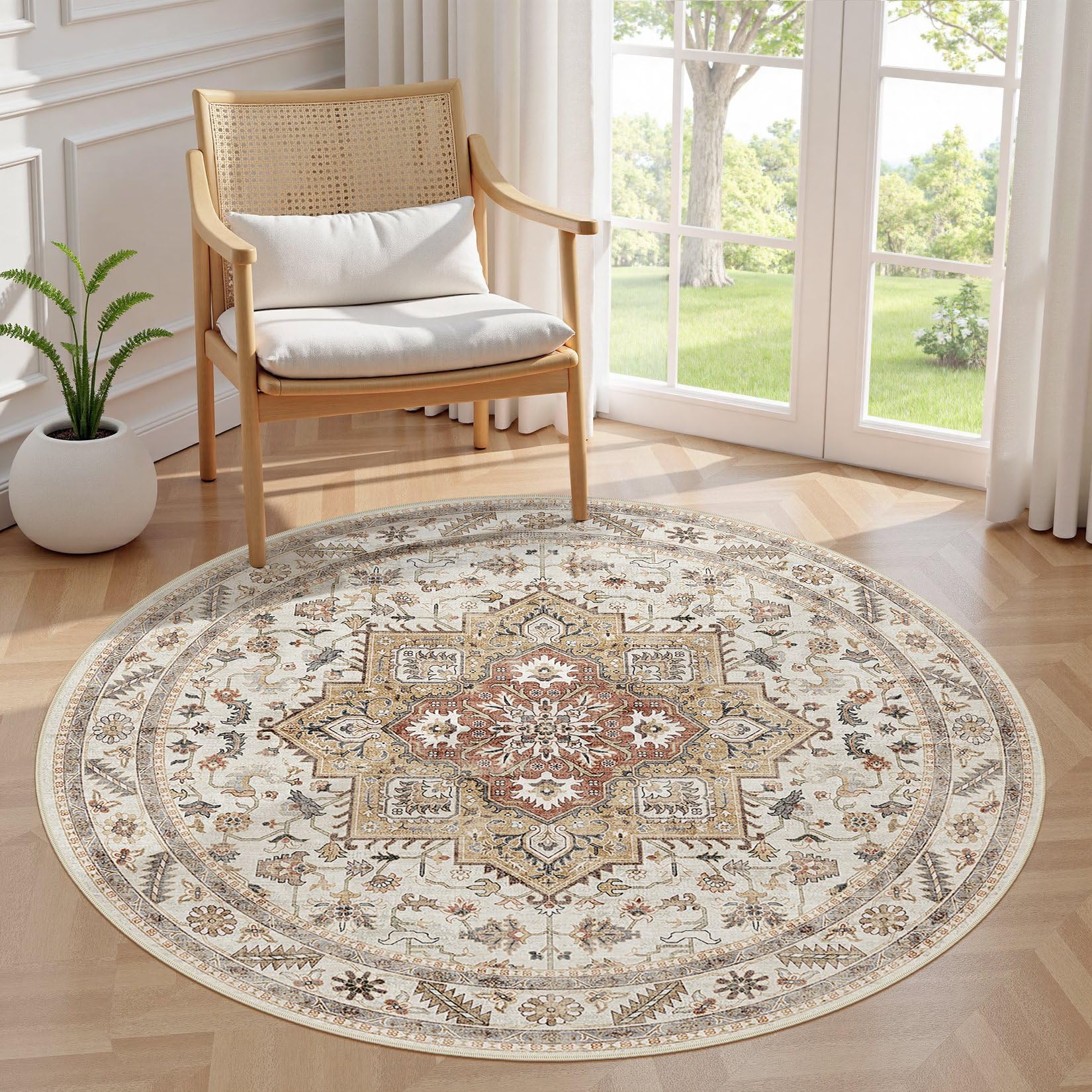 Photo 1 of 5ft Round Vintage Living Room Area Rug - 5x5 Large Soft Washable Oriental Traditional Distressed Farmhouse Rugs for Bedroom - Indoor Floor Accent Carpet for Home Office House Decor - Golden Taupe