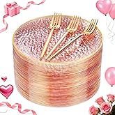 DaYammi 240Pcs Pink Plastic Plates Including 120Pcs Pink Dessert Plates and 120Pcs Gold Plastic Forks,Hammered Party Plate,pink and Gold Appetizer plates Heavy duty Disposable Cake Plate for Party