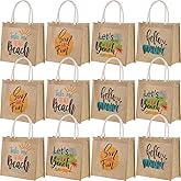 Sweetude 12 Pcs Beach Bag for Women Burlap Tote Beach Containers with Handles Reusable Waterproof Cute Jute Straw Tote Crafts Grocery Bags for Summer, 13.8 x 5.9 x 10.6 Inches (Sun)
