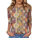 LOMON 3/4 Length Sleeve Womens Tops Spring Summer Fashion 2026 Tops Crew Neck Pleated Shirts Tunic Top Loose Fit