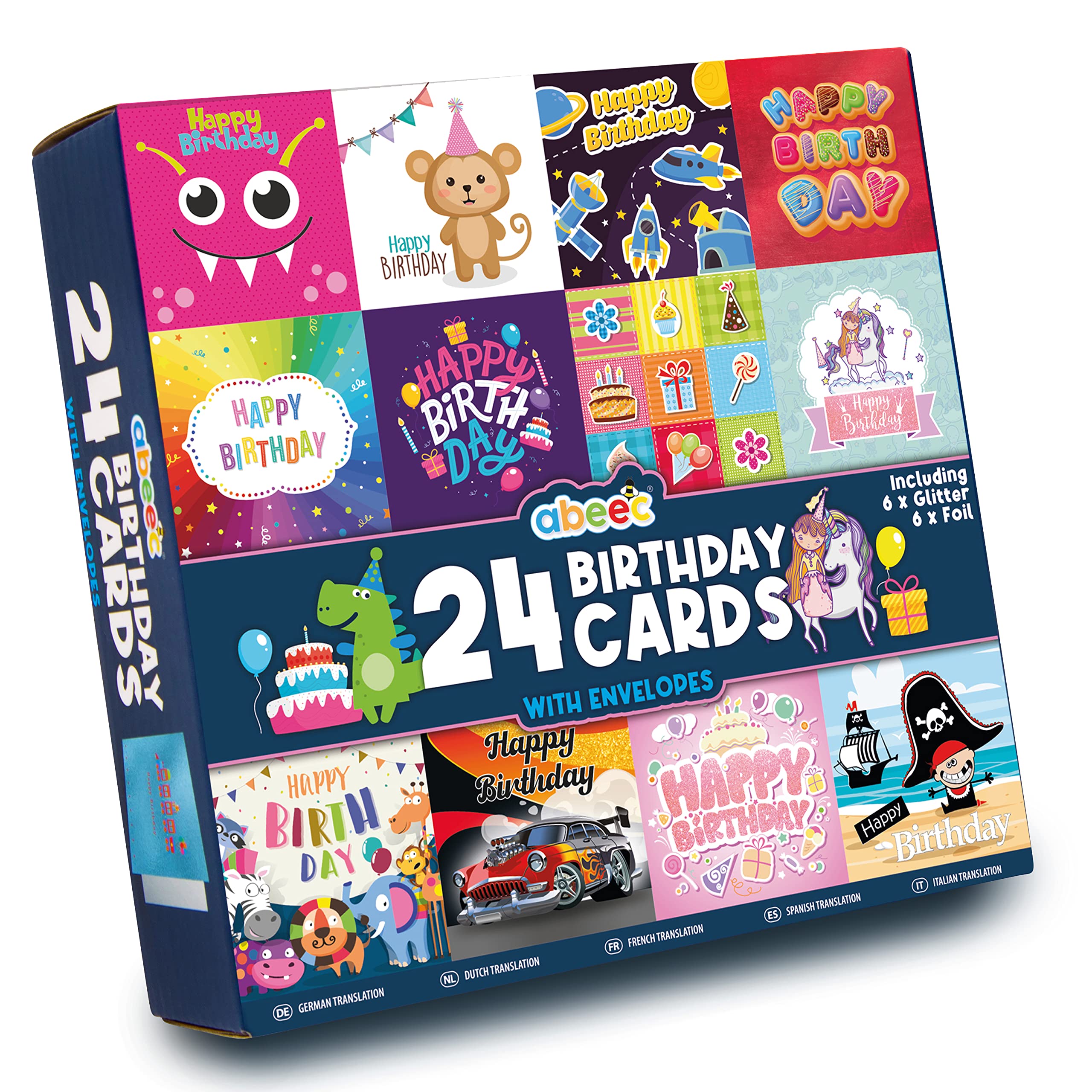 Abeec Kids Birthday Cards Multipack - 24 Cards: 12 for Him, 12 for Her - With Happy Birthday Stickers & 24 Envelopes