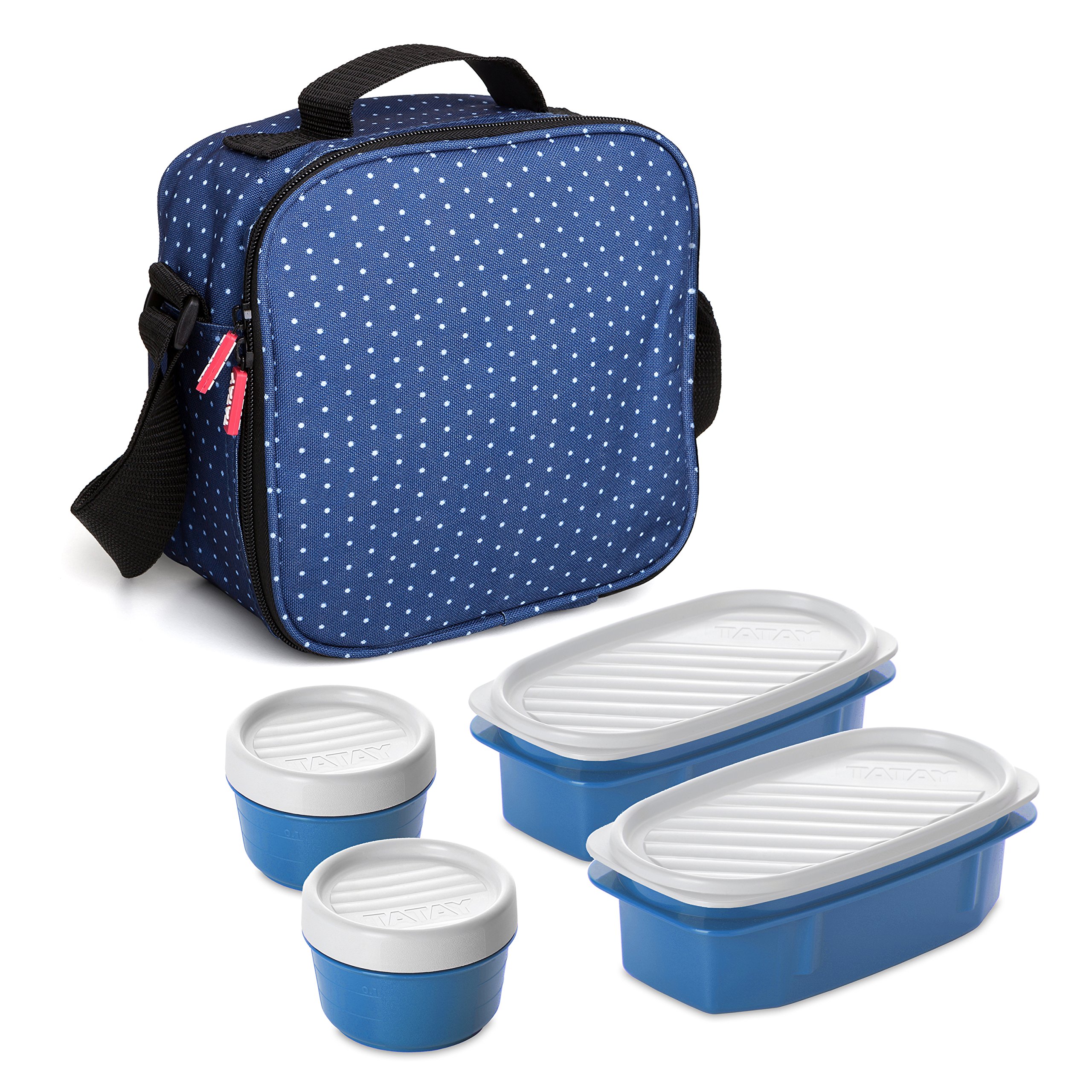TATAY Cool Bag Lunch Box - Urban Food Casual 3L | 4 Containers: 2x0.5L + 2x0.2L | Waterproof | Triple-Layer Insulation | Semi-Rigid Body | Inner Pocket | 22.5x10x22 cm, Blue Polka Dots