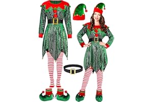 AOTHSO 5 Pieces Christmas Women Elf Cosplay Costume Set Velvet Dress with Sequins Elf Hat Shoes Belt Over Knee High Socks