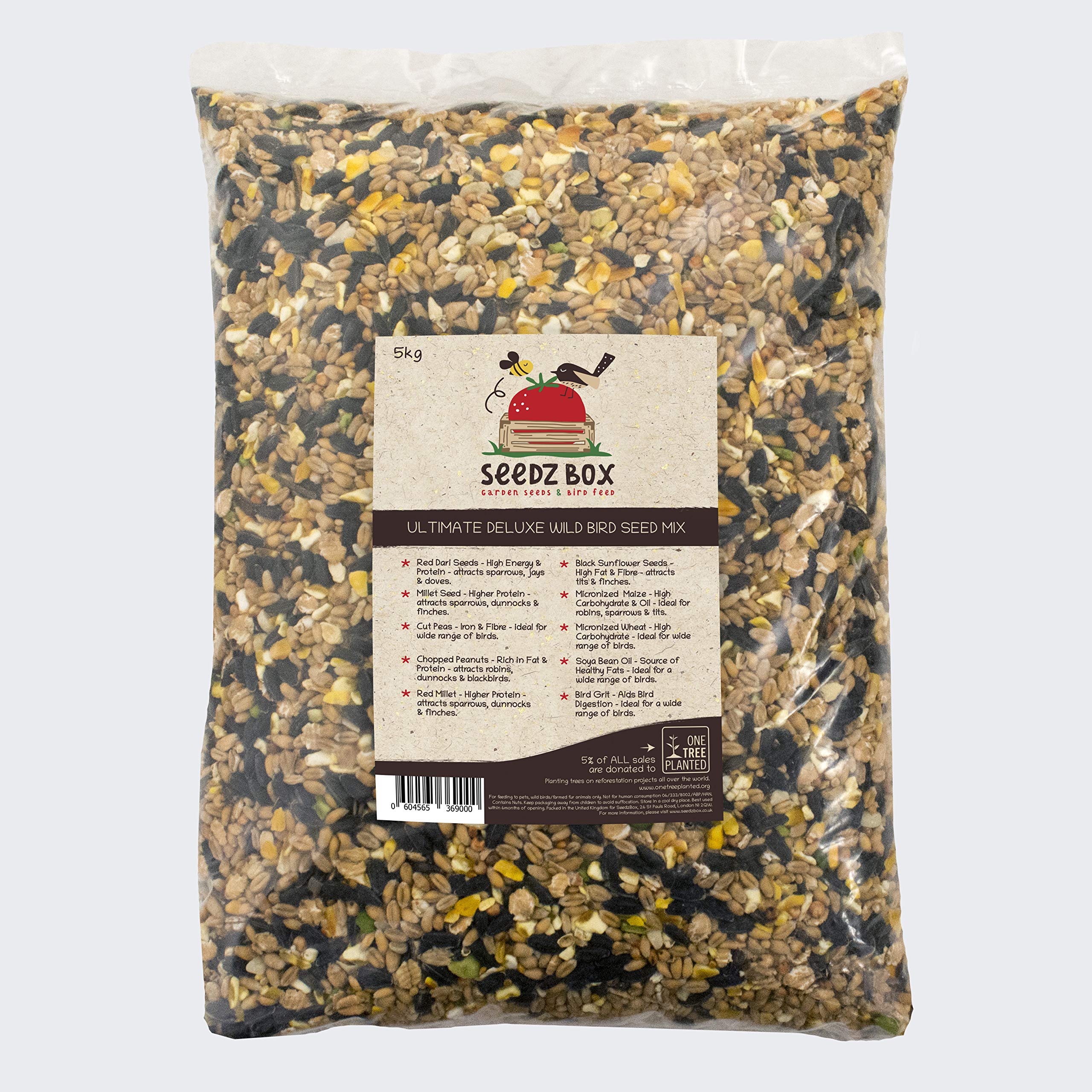Bird Seed Food For Small Wild Garden Birds 5kg - SeedzBox Deluxe Bird Feed Blend Mix - Grain & Nut Blend - Natural Food for Robins Blackbirds and Sparrows - Millet Peanut Fats and Fibres