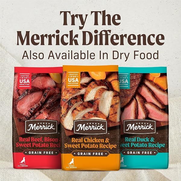 MERRICK GRAIN FREE WET DOG FOOD, PREMIUM GLUTEN FREE CANNED VARIETY PACK, BEEF, CHICKEN AND TURKEY RECIPES – (PACK OF 12) 12.7 OZ. CANS