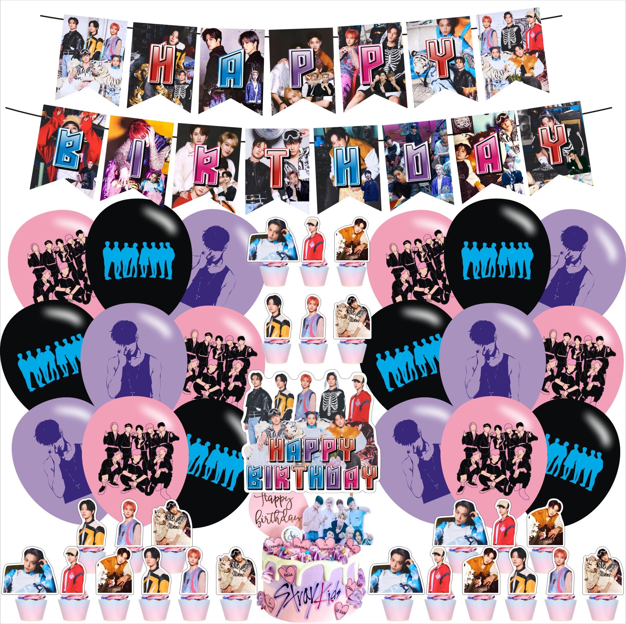 Photo 1 of Stray Kids Merch 5 Star Birthday Party Decoration, Include Stray Kids Theme Party Banner, Cake Topper, Latex Balloons for Adult Fans Music Birthday Party