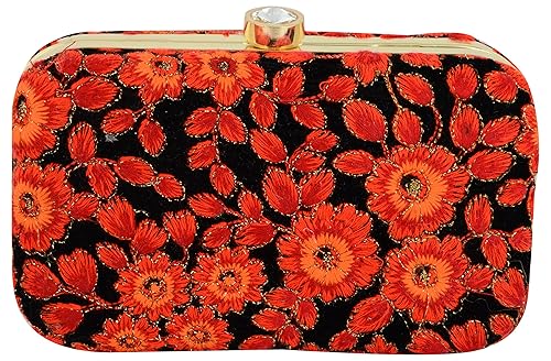 Tooba Handcrafted VME6 Womens Box Clutch (Black-Orange)