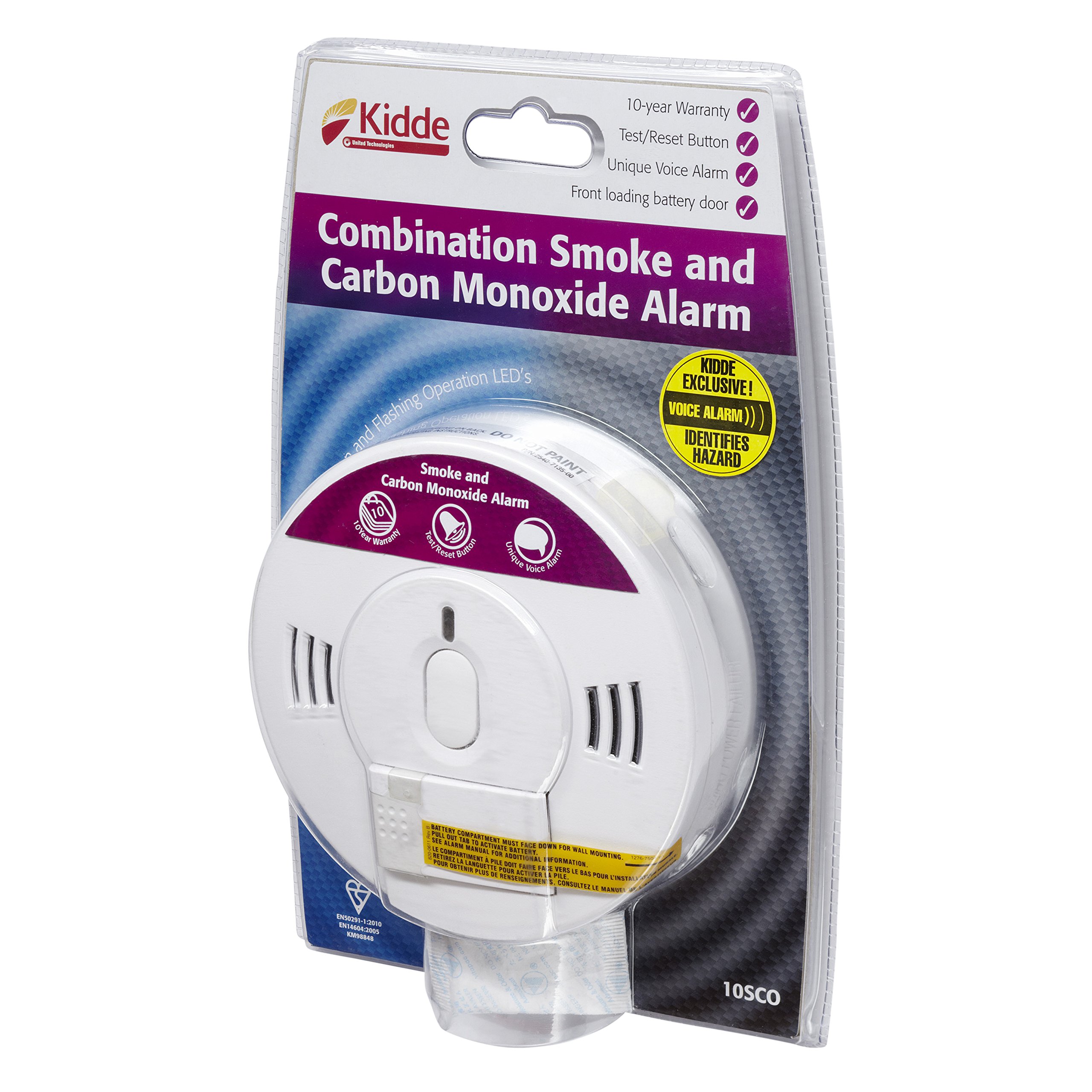 Kidde 10SCO Combination Smoke and Carbon Monoxide Alarm with Voice Notification and Alarm - Dual CO Detector and Fire Alarm with 10 Year Sensor Life - 10 Year Warranty