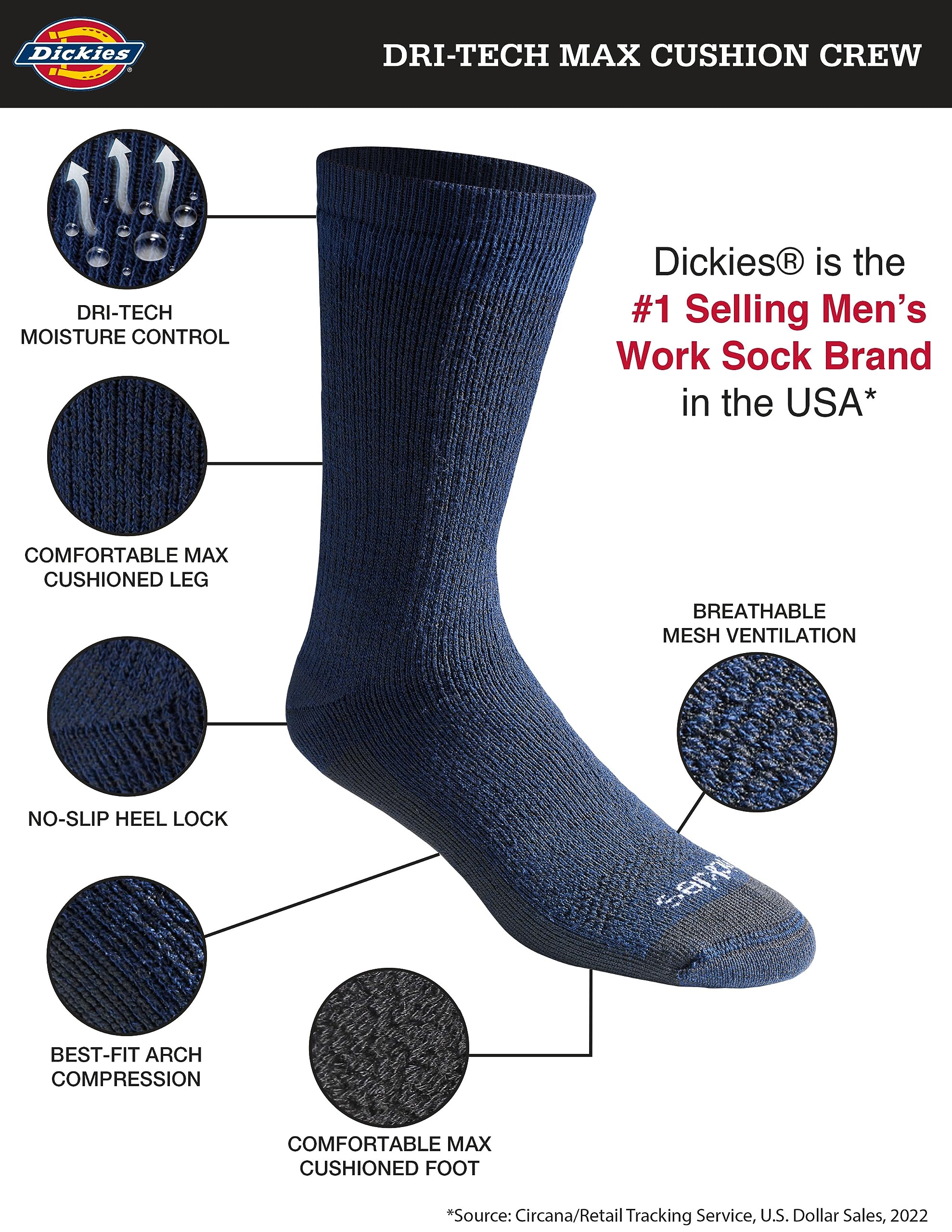 Dickies Men's Dri-tech Moisture Control Max Full Cushion Crew Socks, Available in M-XL (6, 12 Pairs)