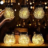 Cooo 6 Pack Valentines Day Gifts for Him Her Solar Lanterns Waterproof Outdoor Heavy Crackle Glass 30 LED Warm Firefly Lights Solar for Women Mom Grandma Outdoor Table Lamps Garden Yard Decor