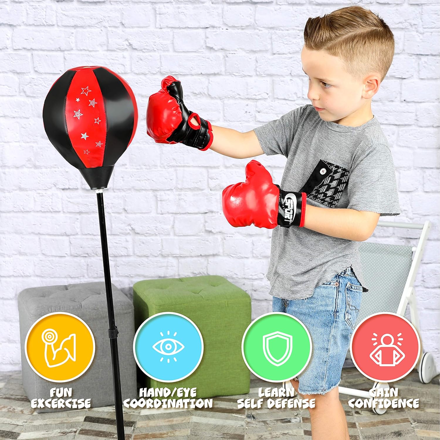 ToyVelt Punching Bag For Kids Boxing Set Includes Kids Boxing Gloves And punching bag, Standing Base With Adjustable Stand + Hand Pump - Top Gifting Idea For Boys and Girls Ages 3 - 8 Years Old: Toys & Games