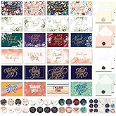 Decorably 24 Pack Glittery 6x4in Assorted Thank You Cards with Envelopes and Stickers, 24 Unique Beautiful Designs Thank You Card Assortment, Blank Inside - Wedding, Baby Shower, Birthday