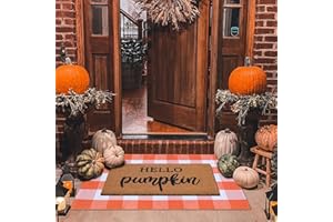 HOMYDECOR Fall Decor Door Mat Combo Set, 100% Coco Coir Welcome Mat + 28 x 43 Inches Orange and White Plaid Rug - Fall Thanksgiving Front Porch Entryway Floor Doormat, Indoor Outdoors Autumn Mats Hello Pumpkin