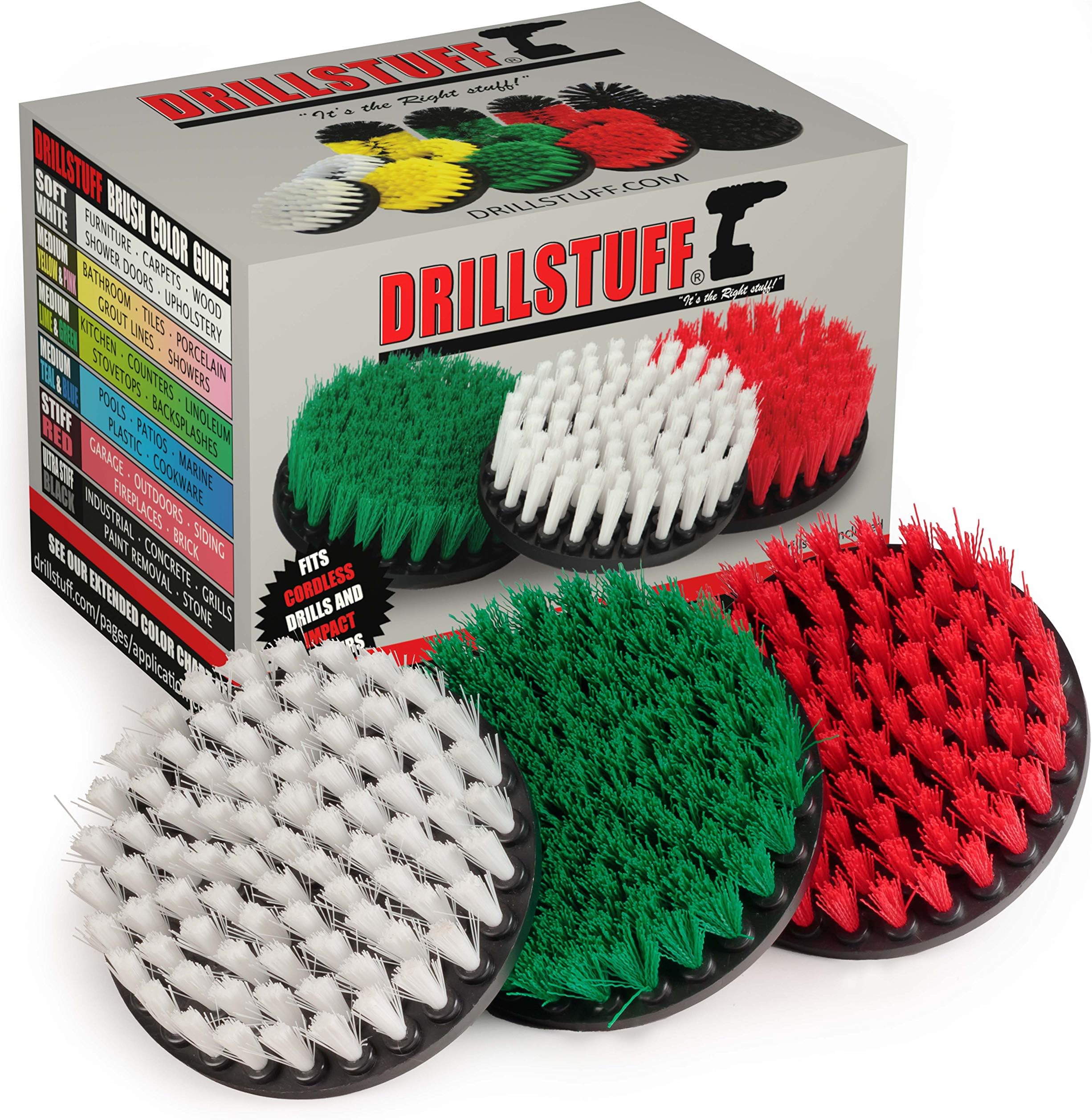 3 Piece Soft, Medium and Stiff Power Scrubbing Brush Drill Attachment for Cleaning Showers, Tubs, Bathrooms, Tile, Grout, Carpet, Tires, Boats by DrillStuff