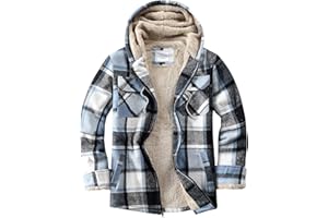 Veusna Men's Zip Up Flannel Shirt Jacket Fleece Lined Long Sleeve Plaid Coat Heavyweight Hoodie with Hood
