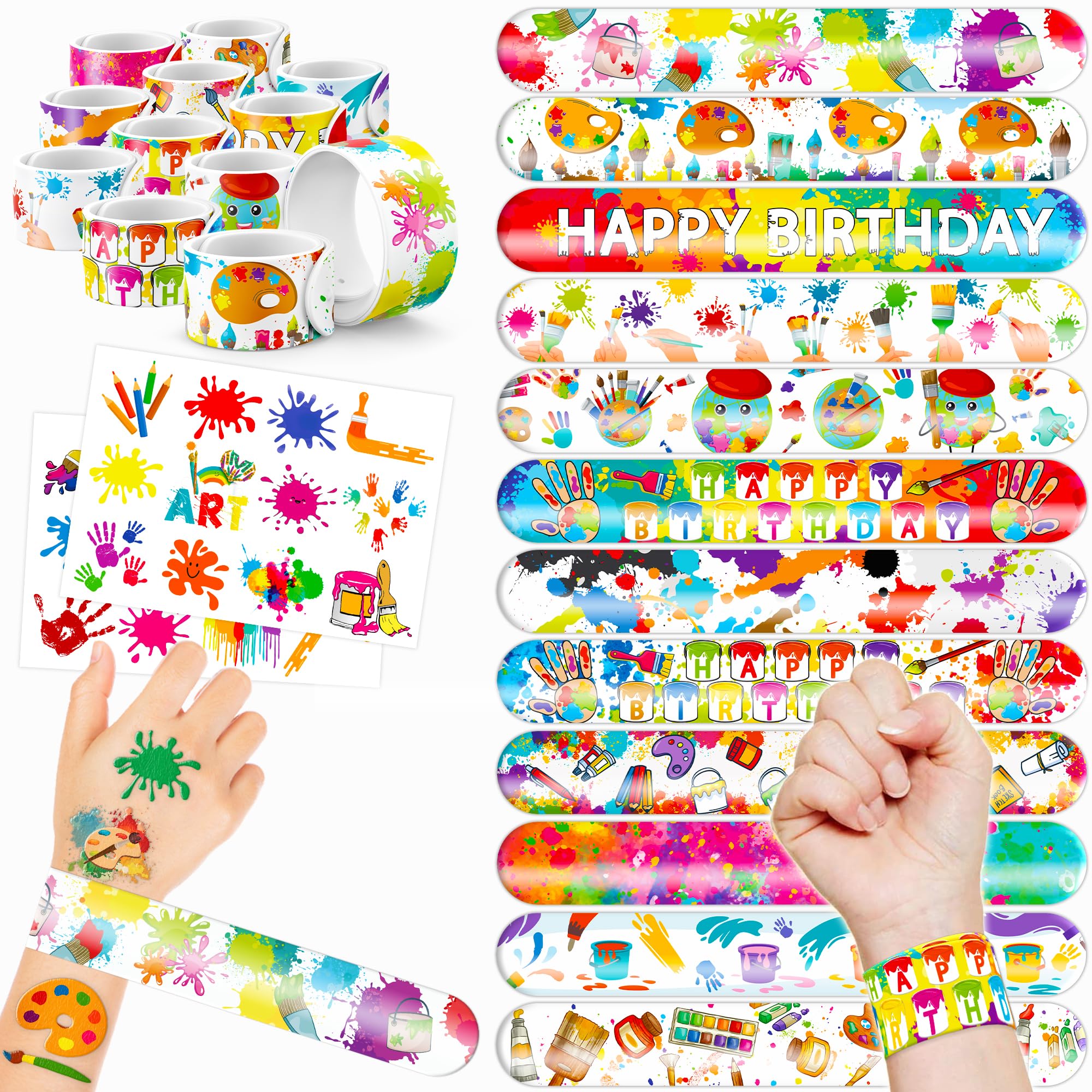 Photo 1 of 48PCS Art Party Favors - 24PCS Tattoos & 24PCS Slap Bracelets - Creative Birthday Supplies, Painting-Themed Decorations, Classroom Prizes, Gifts for Boys & Girls