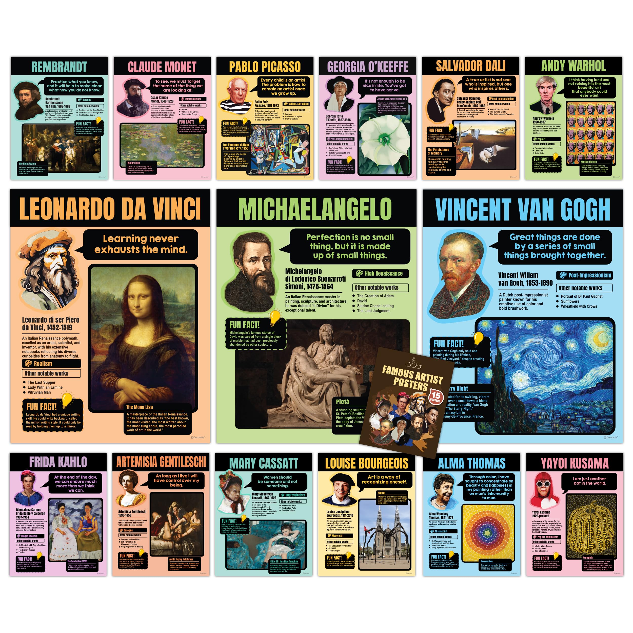 Photo 1 of Decorably 15 Famous Art Posters, 11x14in Matte-Laminated Educational Art Posters for Classroom Famous Artists - Classrooms, School Hallways, Bulletin Boards, Education Centers, Home Study Room