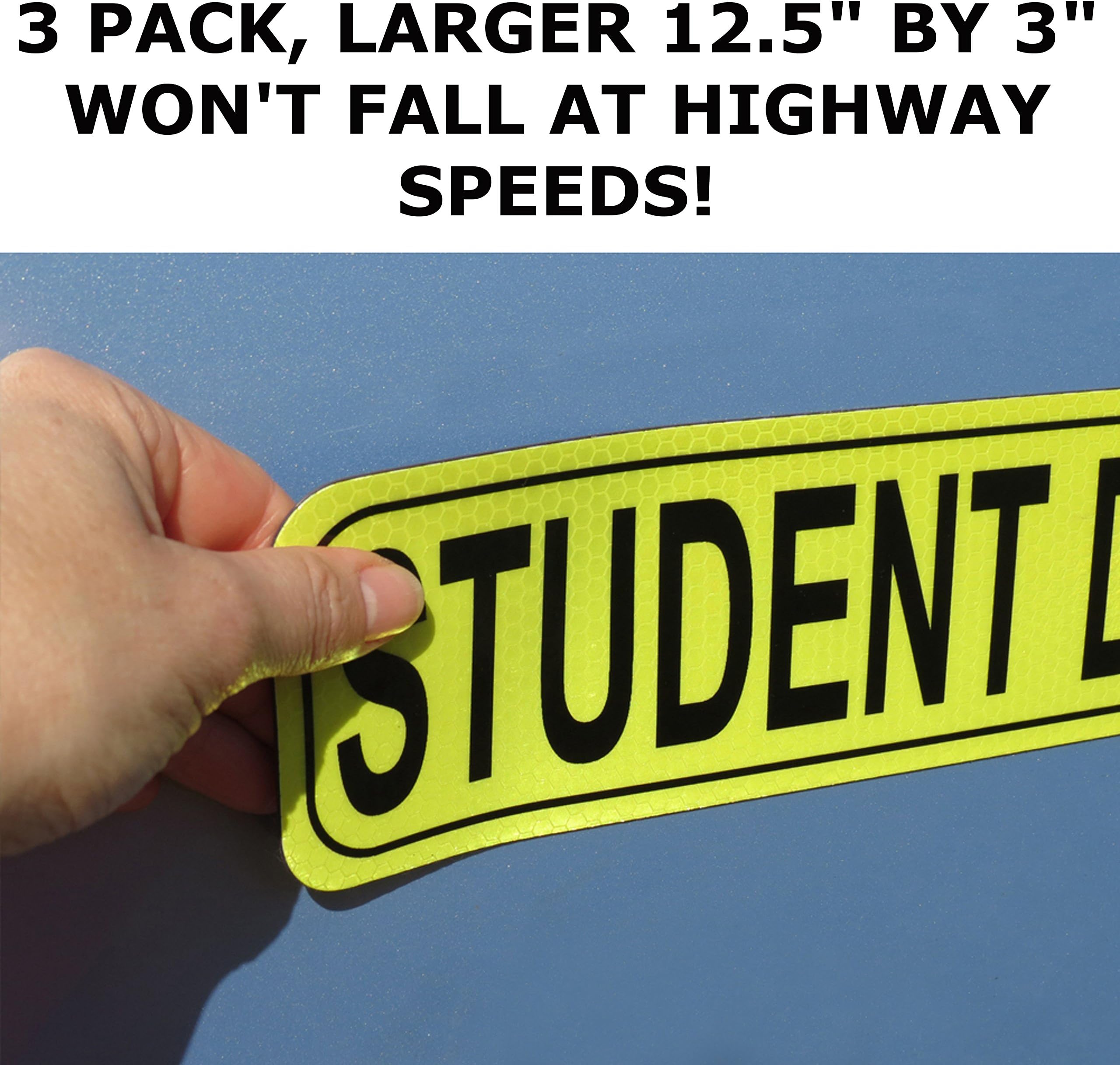 LARGER 12.5" by 3", WON'T FALL AT HIGHWAY SPEEDS! MAGNET SET, "STUDENT DRIVER" Car Sign, 3 Pack - Golden Spearhead