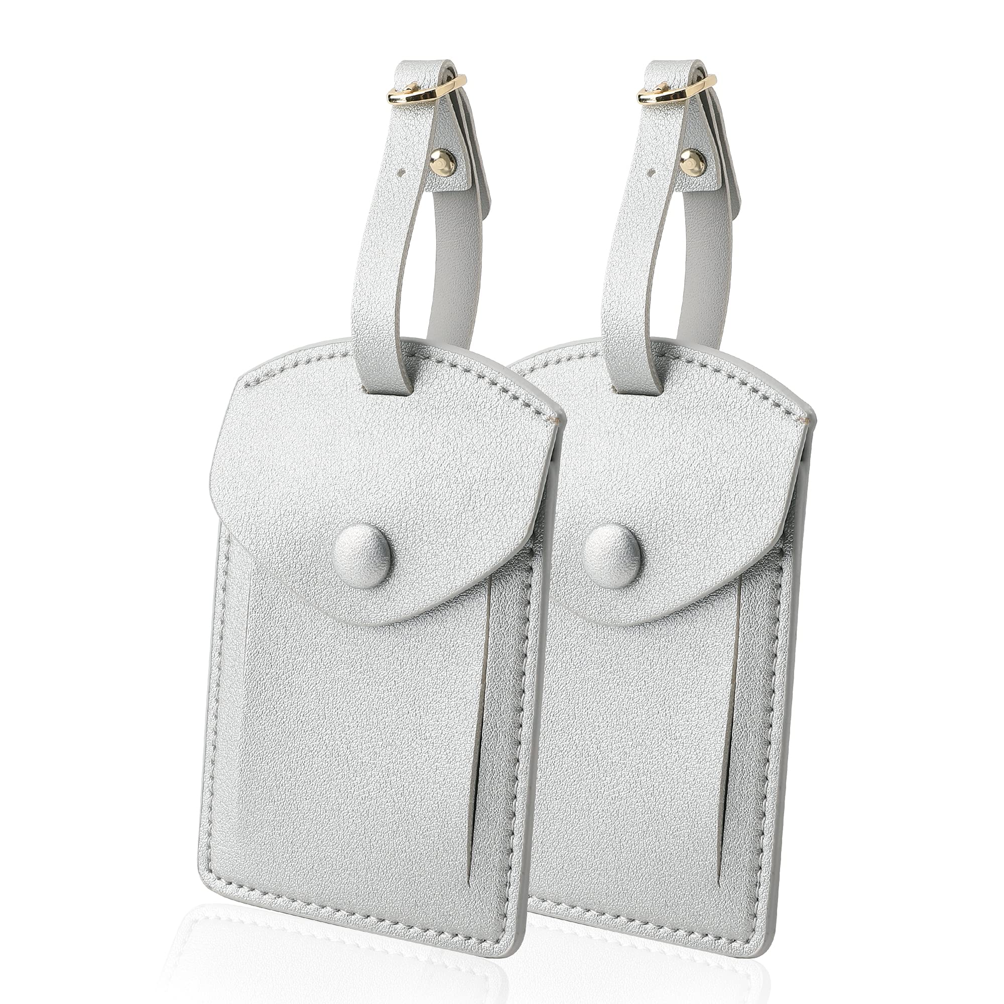 Kevancho Leather Luggage Tags for Men Women, Suitcase Labels Baggage Bag Tag ID Tags with Full Back Privacy Cover for Cruise Ships, Travel Accessories Tags Set of 2 PCS (Silver 01)