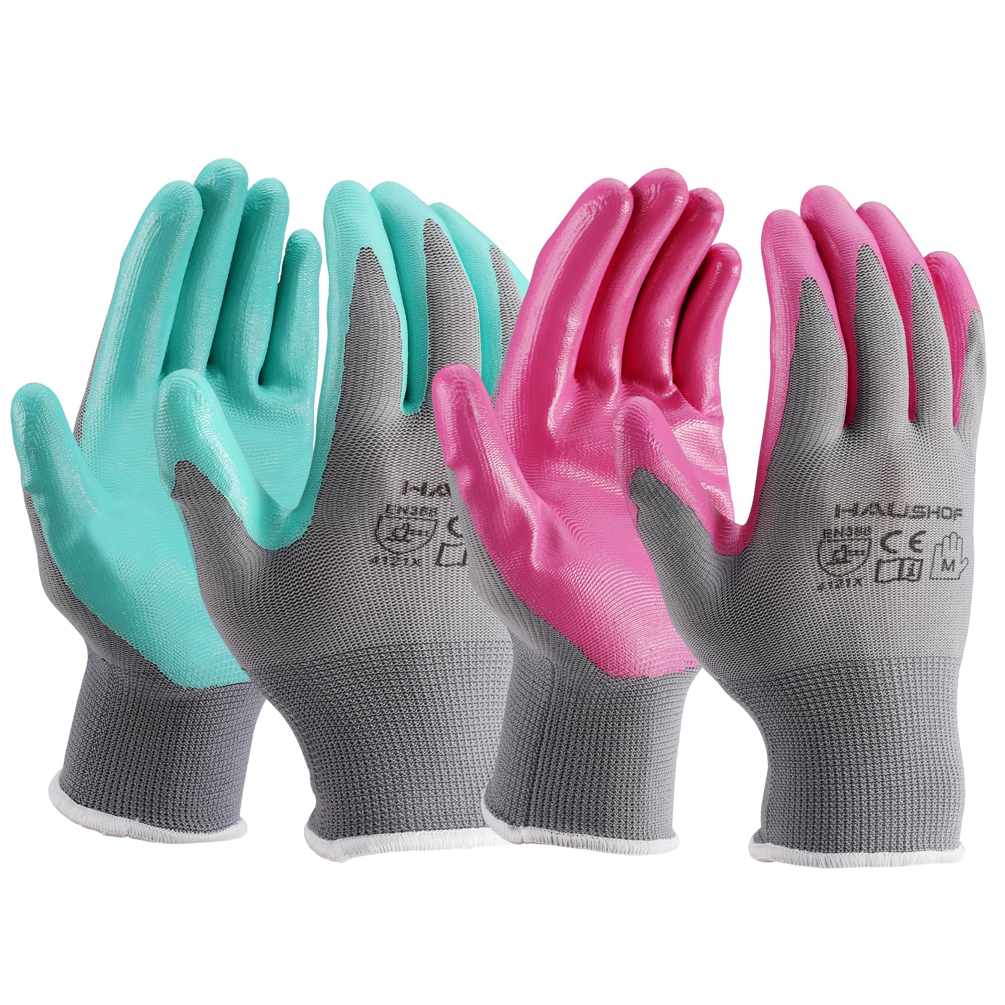 haushof 6 pairs garden gloves for women, nitrile coated working gloves, for gardening, restoration work, medium, pink & green, m