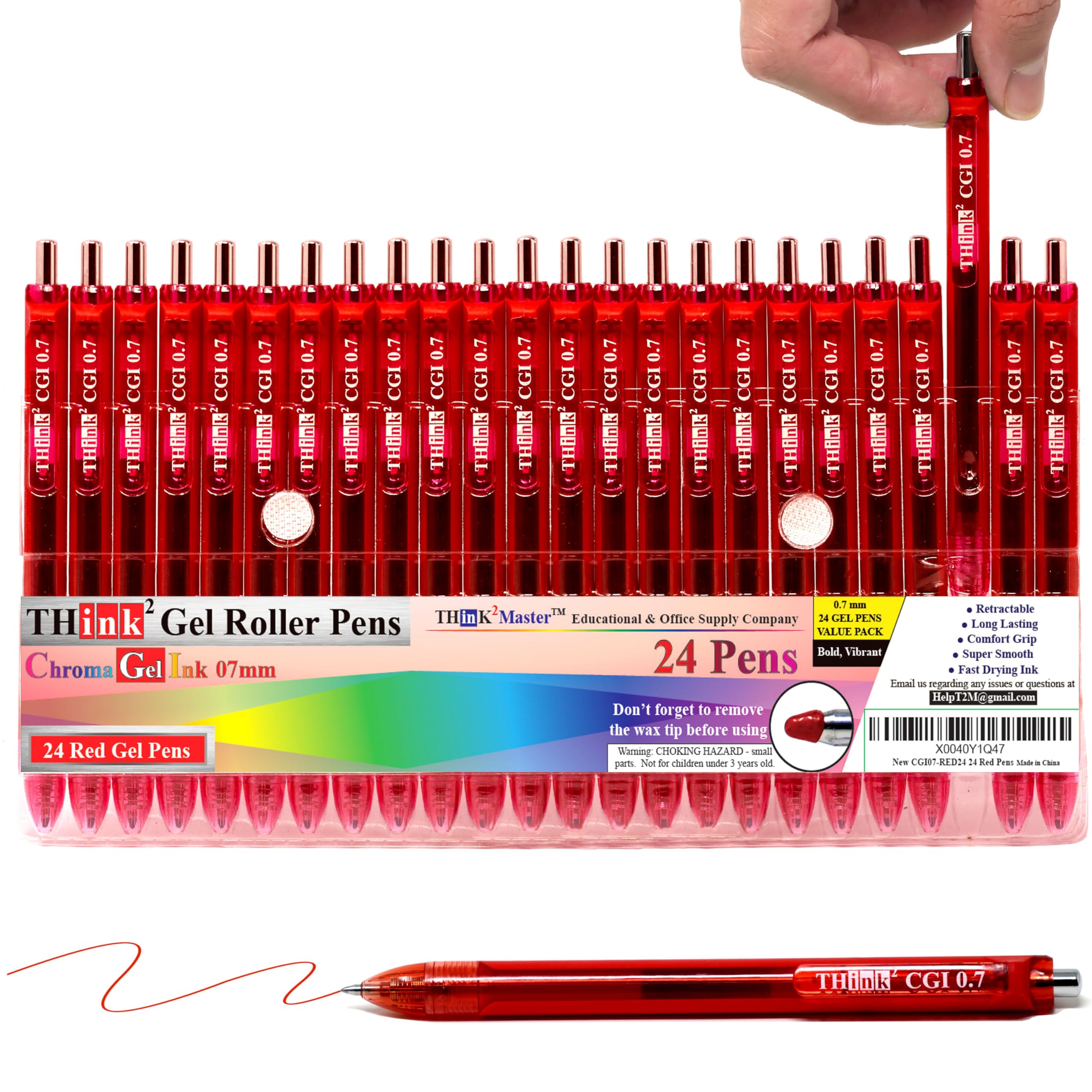 Photo 1 of [24 Pens - Red Ink] Think2 0.7mm CGI Retractable Gel Pens. (24 Red) Medium Point Rollerball Pens with Smooth Quick Drying Ink.
