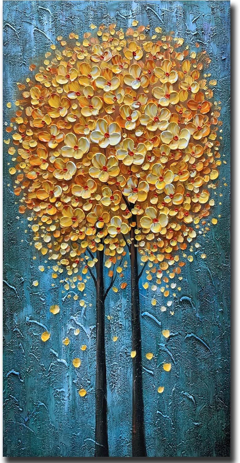 Paintings - Yotree Paintings, 24x48 Inch Paintings Yellow Flowers Oil Hand Painting 3D Hand-Painted On Canvas Abstract Artwork Art Wood Inside Framed Hanging Wall Decoration Abstract Painting