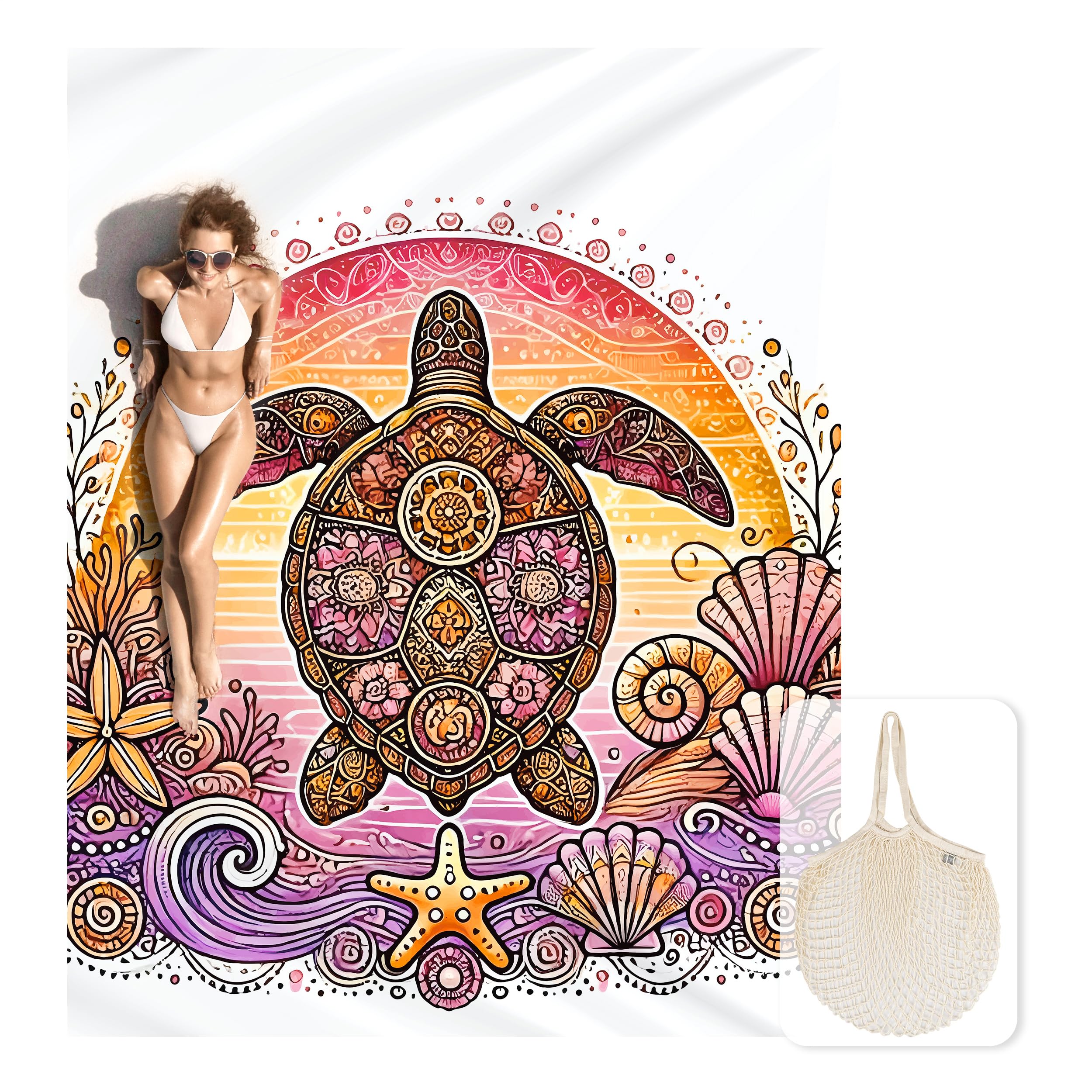 Photo 1 of Zingtto Silky Soft 108"x84" Sand Proof Beach Blanket Sand Proof Mat with Corner Pockets and Fashion Mesh Bag for Beach Party, Travel, Camping and Outdoor Music Festival, Boho Mandala Sunset Turtle