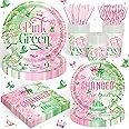 120PCS Pink and Green Witchs Party Supplies Cartoon Tableware Set for Kids Boys Girls Birthday Party Decorations Night Pink Goes Good with Green Themed Napkin Cups Forks Knives for 20 Guests