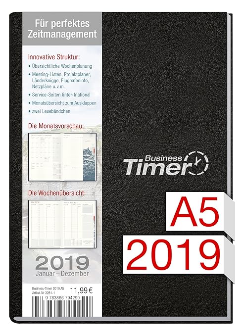 Chäff Business-Timer A5 Kalender 2019 schwarz, 12 Monate Jan-Dez 2019 - Terminkalender mit Wochenplaner - Organizer - Wochenk