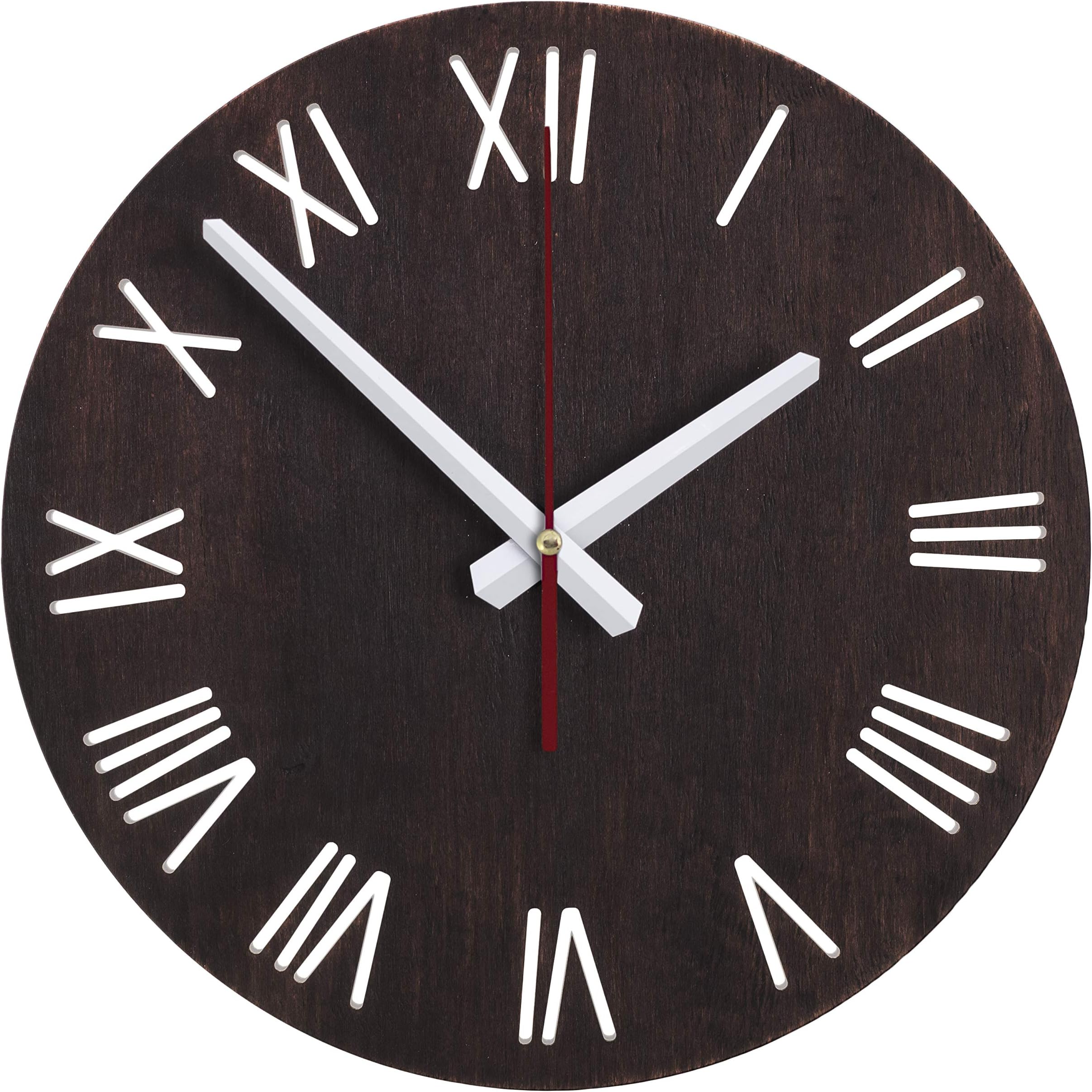 Rustic Wall Clock Easy To Read - 12 Inch Dark Brown Wall Clock Battery Operated - Wooden Wall Clock For Living Room Decor - Kitchen Clock - Wall Decor For Bedroom - Silent Non-Ticking Wall Clock