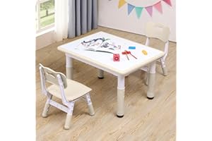 CUFUN Adjustable Kids Table & Chairs Set for Ages 3-8 | 31.5"x23.6" Easy-Clean Activity Table | Meets ASTM/CPSC Standards for Daycare, Homeschool & Playroom (Natural, 2 Chairs)