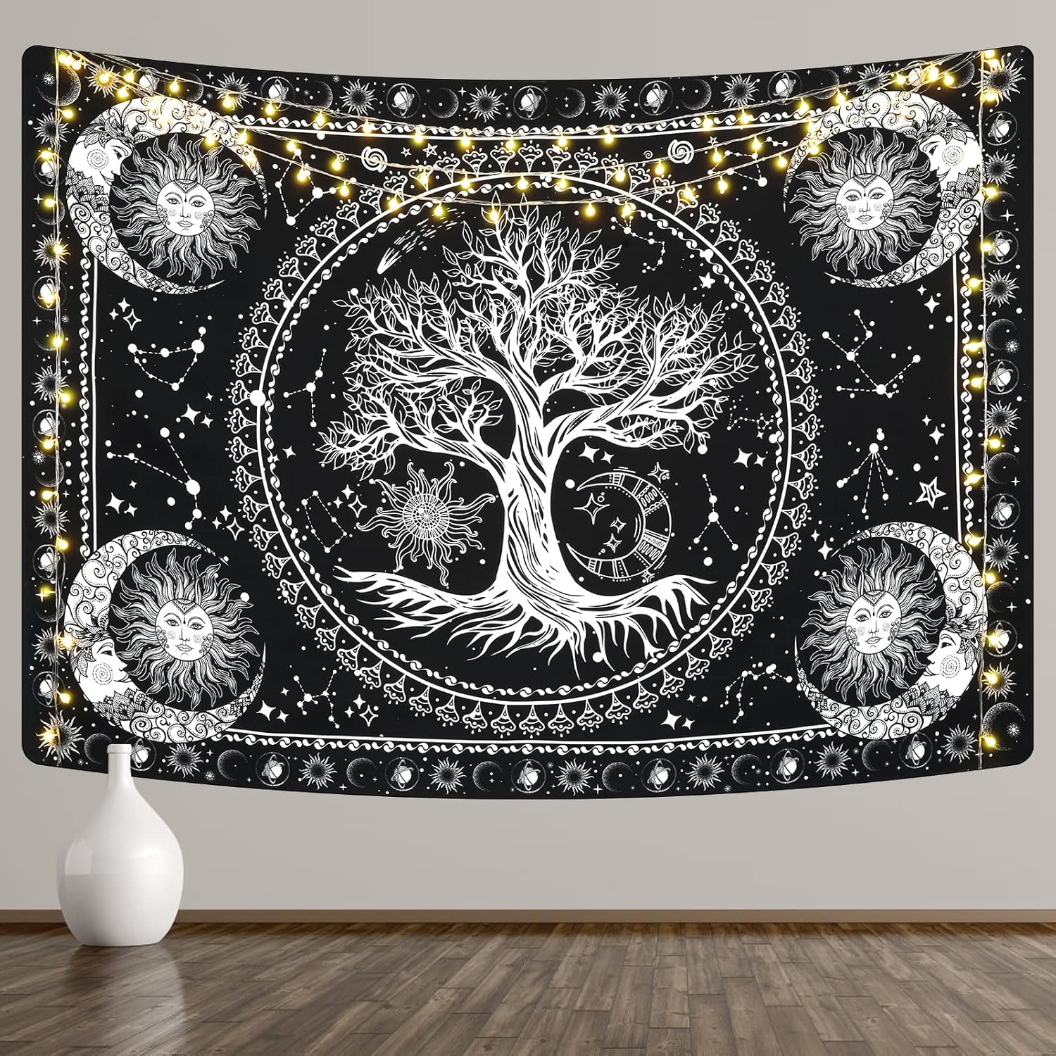 Tapestries - NatuBeau Wall Tapestry for Bedroom Aesthetic, Tree of Life Tapestry, Black and White Tapestry with Mandala Sun Moon Galaxy Space, Wall Hanging for Bedroom 82.7