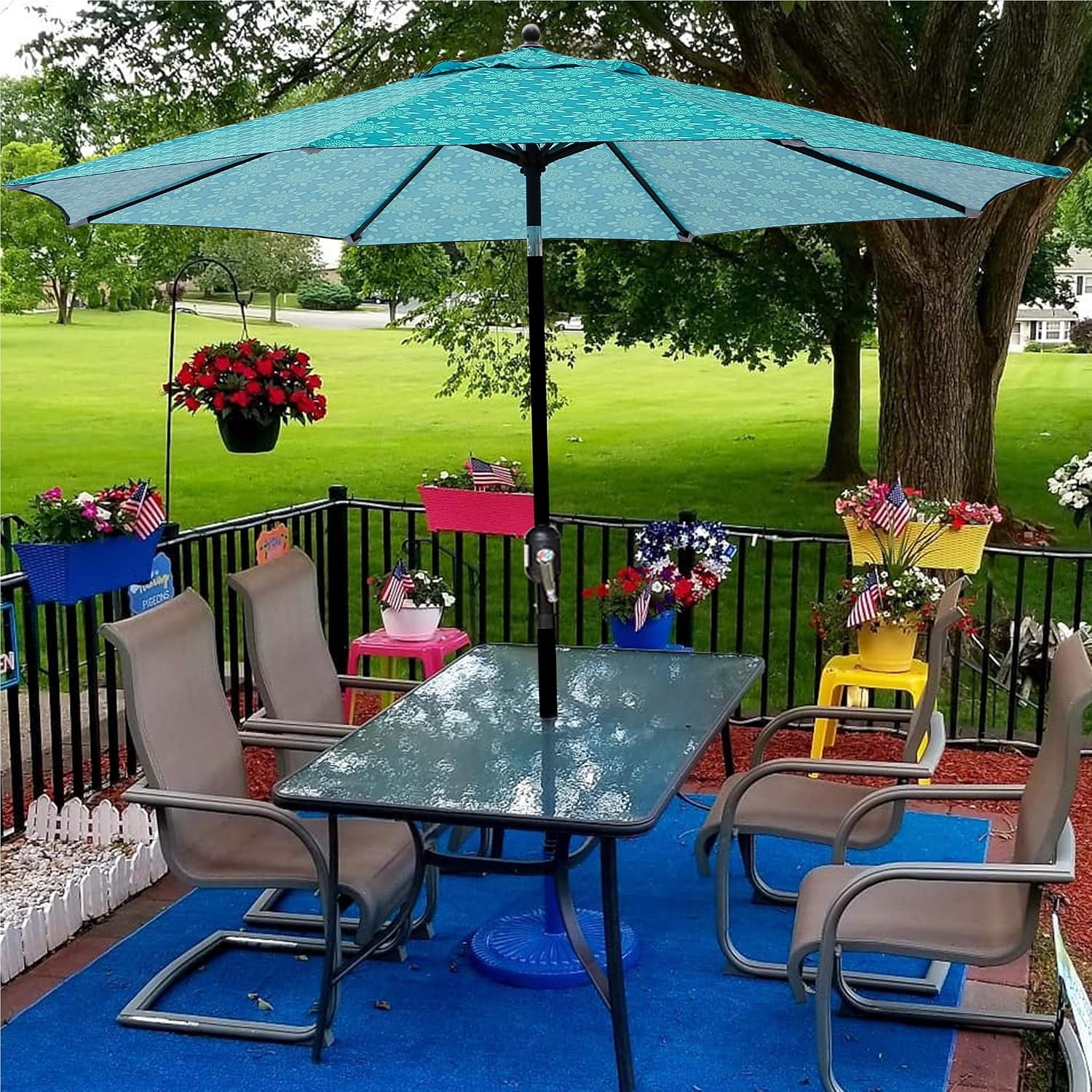 Blissun 9 Patio Umbrella Aluminum Manual Push Button Tilt And Crank Garden Parasol Flower Green Umbrellas Patio Lawn Garden