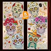 Yerliker 8 Sheet Dia De Los Muertos Decorations - Halloween Sugar Skull Skeleton Window Clings Decals Day of The Dead Removable Glass Stickers for Mexican Halloween Party Decorations