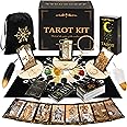Tarot Cards with Guide Book, 78 Black Tarot Deck Set with Table Cloth, Chakra Stones, Velvet Bag and More, Classic Tarot Cards for Beginners Kit, Fortune Telling Game