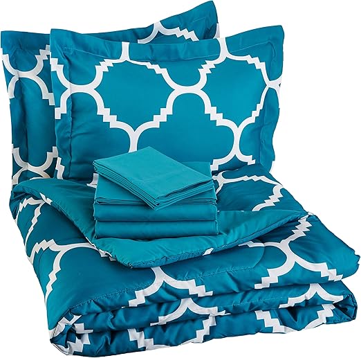 Amazonbasics 7 Piece Bed In A Bag Dusty Blue Trellis Full Queen