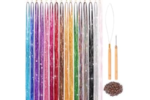 16 Colors Hair Tinsel Kit, ELASO 48 Inches 3300 Strands Tinsel Hair Extensions, Fairy for Christmas Halloween Cosplay Party, Highlights Sparkling Glitter Hair