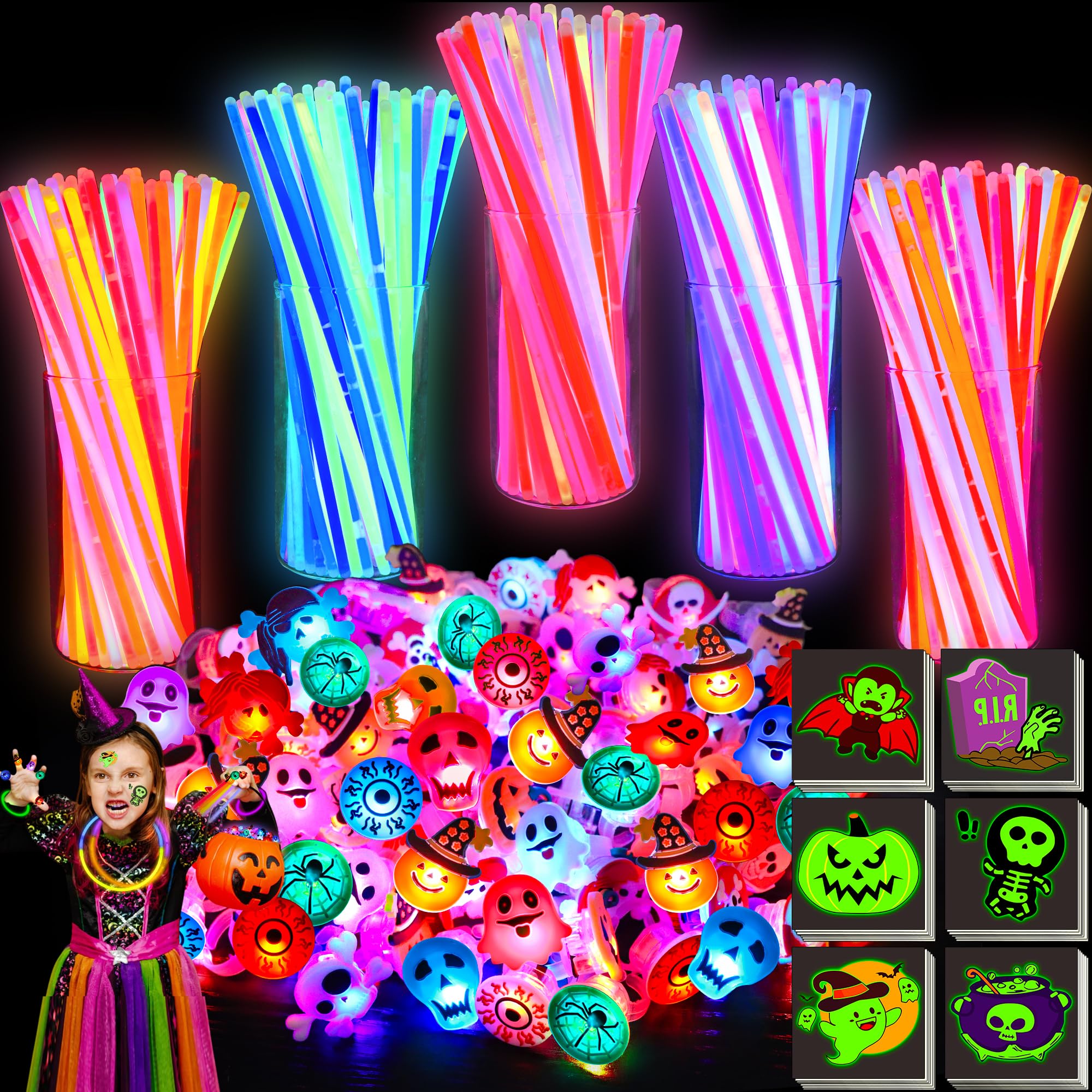 Photo 1 of 150 PCS Halloween Party Favors for Kids, Halloween Party Supplies Glow in The Dark Toys Bulk Light Up LED Rings Glow Sticks Halloween Treats for Goodie Bag Fillers Classroom Prizes Trick or Treat Gift