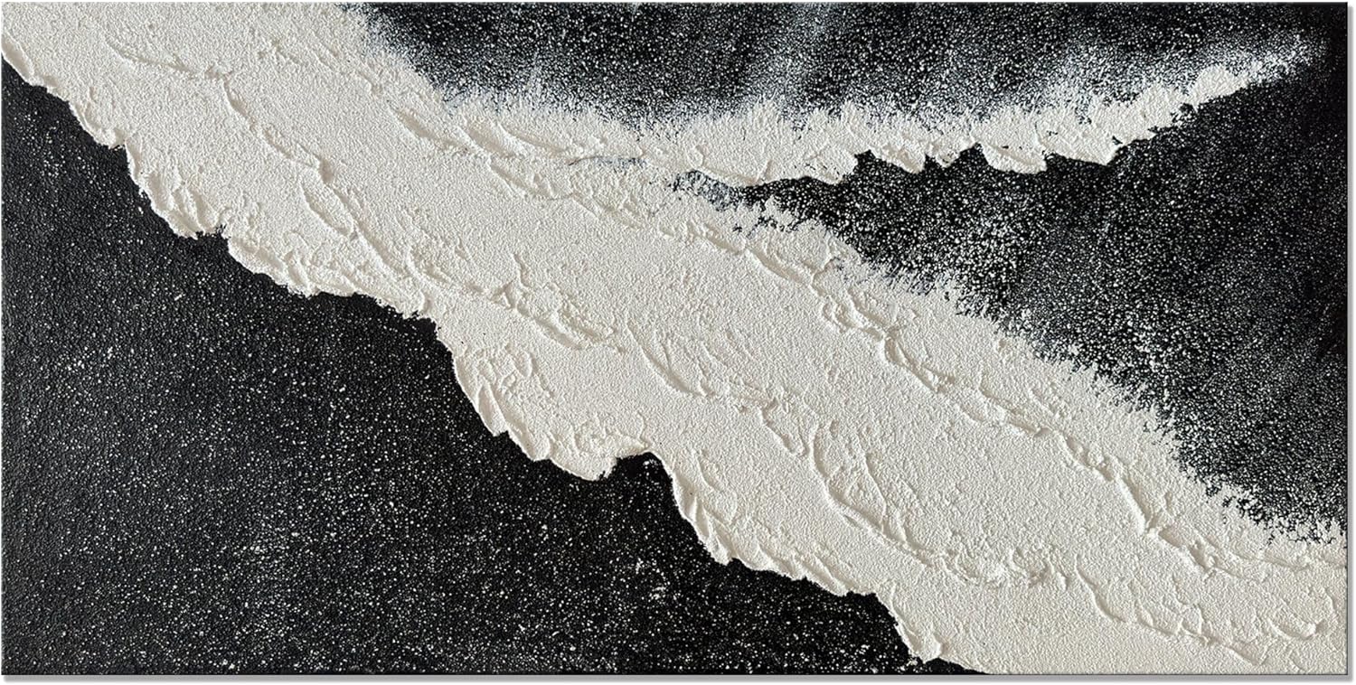 Paintings - Slyart Handmade Modern Abstract Black and White Canvas Wall Art Sea Wave Paintings Quartz Sand Textured Painting on Canvas for Living Room Bedroom Wall Decor 48x24 Inches
