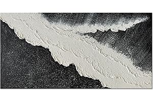 Slyart Large Black and White Wall Art Sea Wave Abstract Paintings Quartz Sand Textured Painting on Canvas for Living Room Wall Decor 48x24 Inches