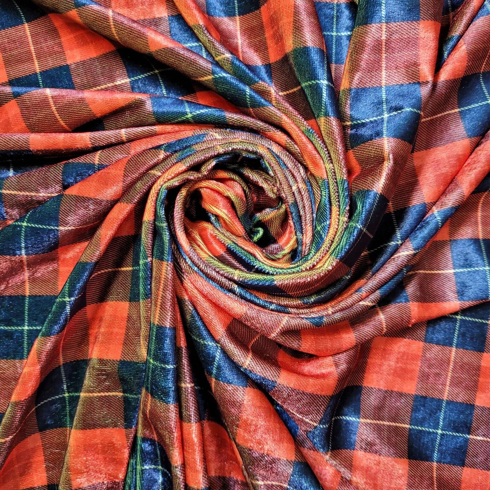 Soft Luxurious Vintage Tropical Animal Butterfly Polka Printed Crush Velvet Stretch Fabric Material 58" - 150cm Wide Suitable for Curtains & Upholstery (Red Blue Tartan)