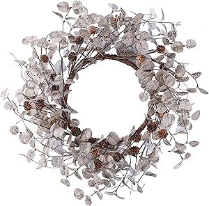 YNYLCHMX Christmas Wreath for Front Door, Artificial Door Wreath Flushed with White Eucalyptus Leaves, Small Pine Cones, Home Decor for Indoor, Wall, Fireplace, Decoration, 20 Inch
