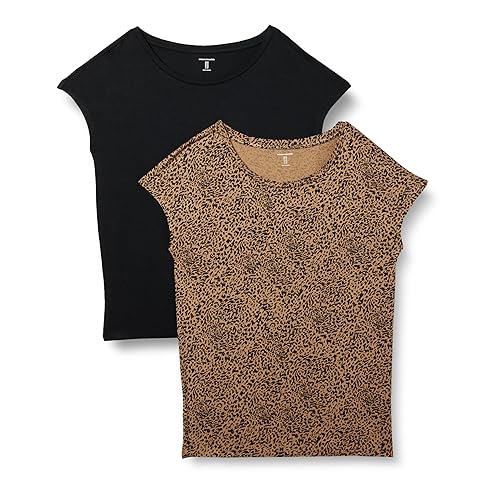 Amazon Essentials Women's Jersey Regular-Fit Short-Sleeve Boat-Neck T-Shirt, Pack of 2, Black/Brown Cheetah, Small