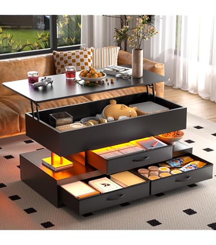 Lift Top Coffee Table Itaar 4-in-1 With Storage, LED Lights, 2 Drawers ...