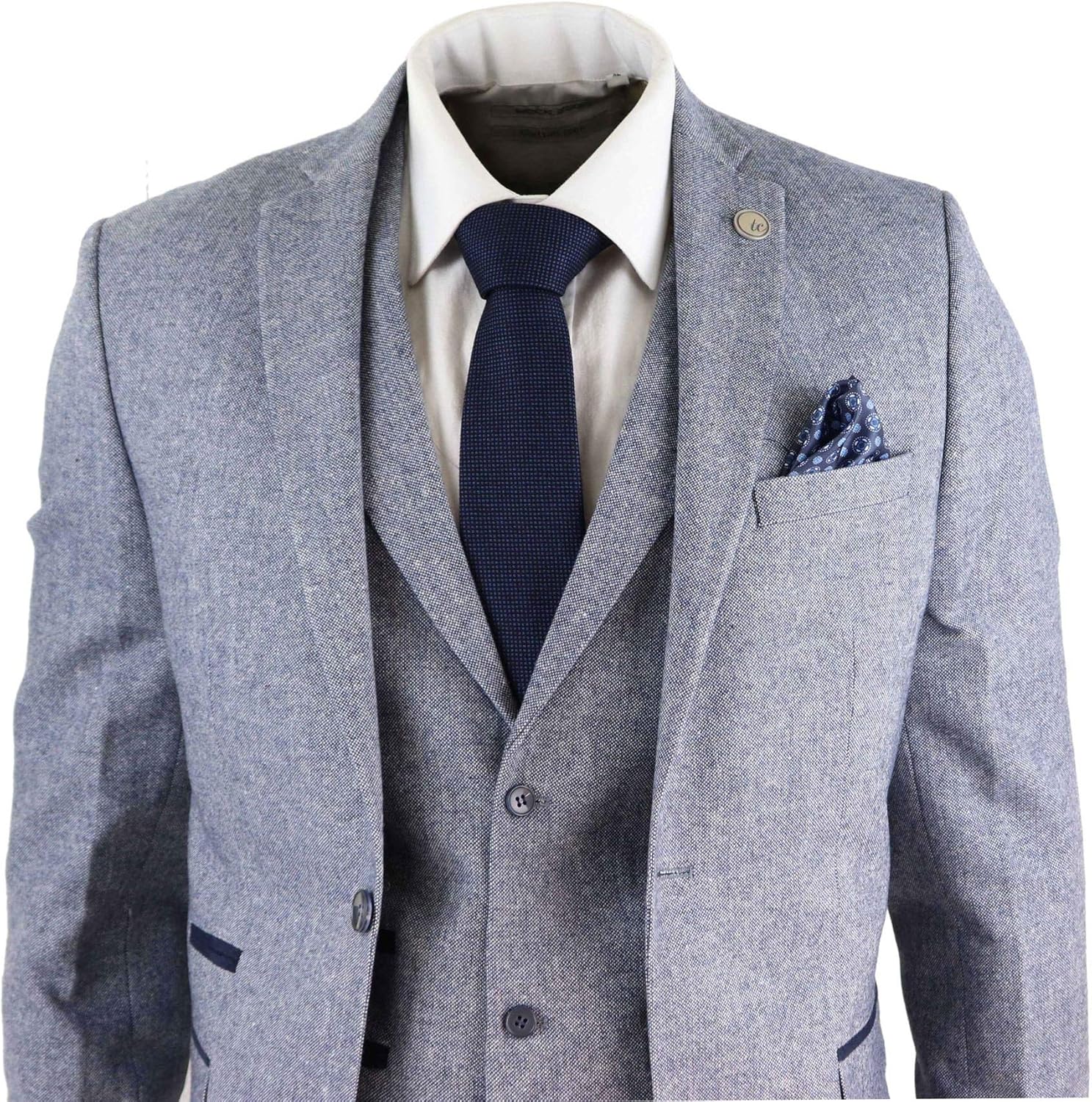 Costume Homme Laine Mélangée 3 Pièces Tweed Bleu Gris Bleu