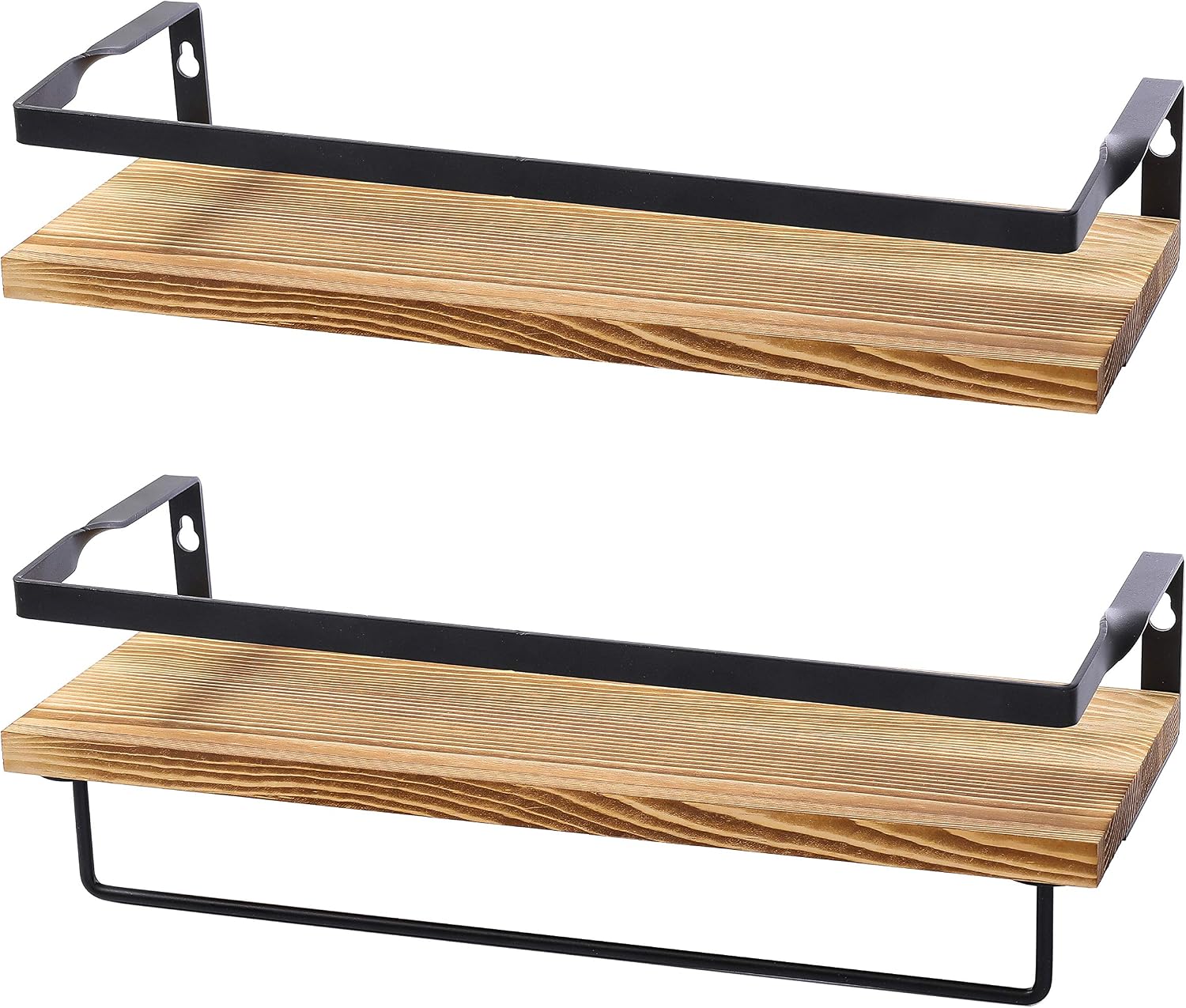Rustic Floating Wall Shelves with Rails - Decorative Storage for Kitchen, Bathroom, and Bedroom - Elegant, Modern Shelving - Torched Paulownia Wood, Matte Black Metal Frame - Set of 2 (Matte Black)