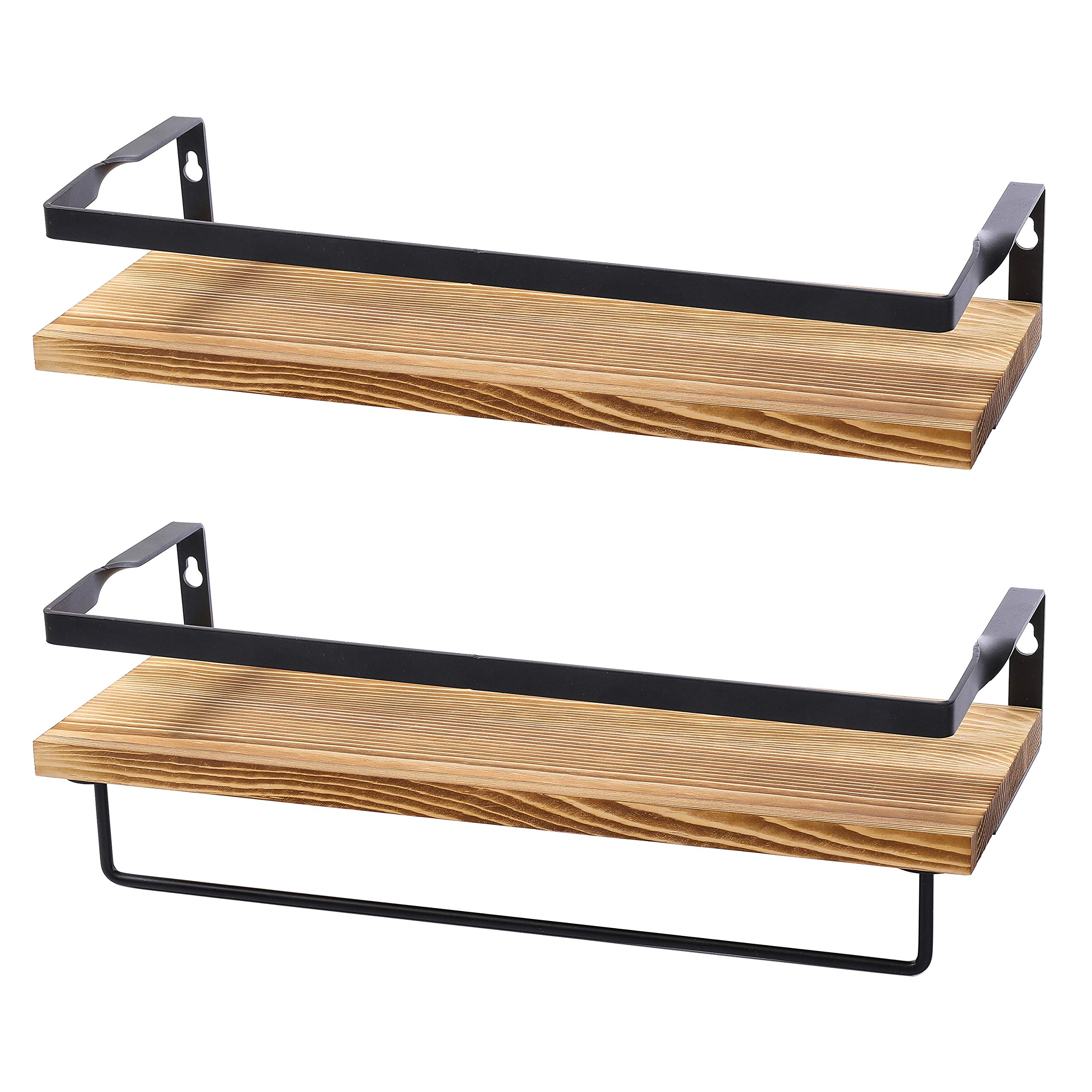Rustic Floating Wall Shelves with Rails - Decorative Storage for Kitchen, Bathroom, and Bedroom - Elegant, Modern Shelving - Torched Paulownia Wood, Matte Black Metal Frame - Set of 2 (Matte Black)