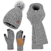 Uerymit Womens Winter Beanie Hat Scarf Gloves Set Warm Knit Beanie with Pom Pom Long Scarf Touchscreen Gloves 3 in 1 Set